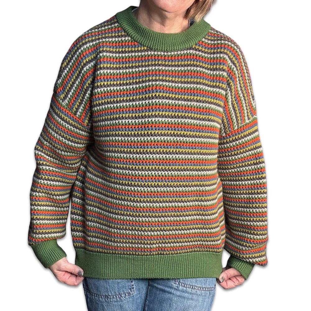 Mabli Wool Striped Crochet Knit Sweater Green‎ Multicolor Crewneck Boho Small